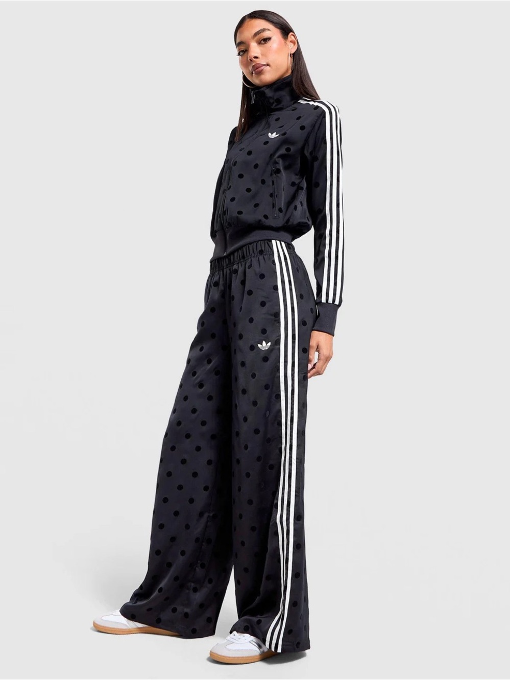 $84 on my Depop ⚡ FLASH SALE ✨ NWT XL- adidas Polka Dot Satin Pants Black